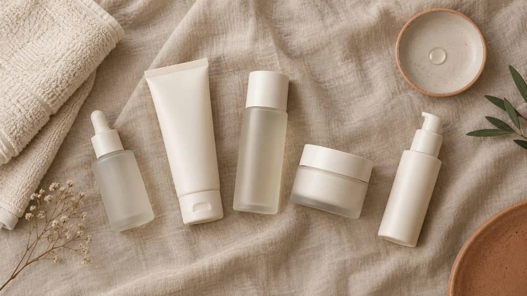 Overhead view of five unlabelled Korean skincare containers arranged on natural linen beside a folded towel and a ceramic dish