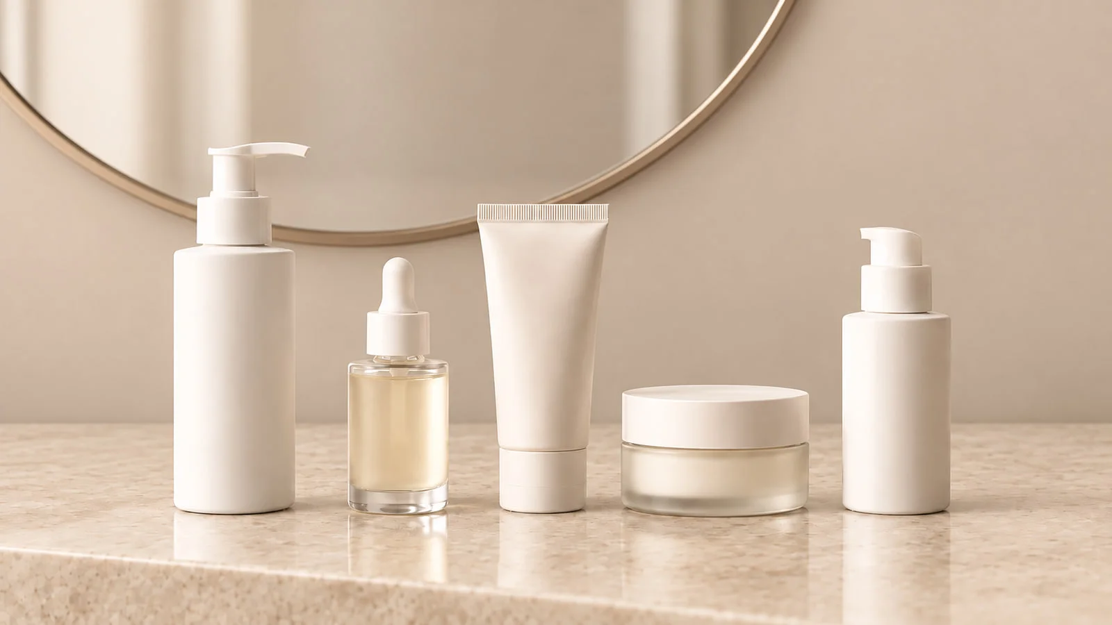 Five unlabelled skincare containers, a pump bottle, a dropper bottle, a squeeze tube, a jar and a pump bottle, arranged in routine order on a warm beige terrazzo-style counter with a round gold-framed mirror behind them.