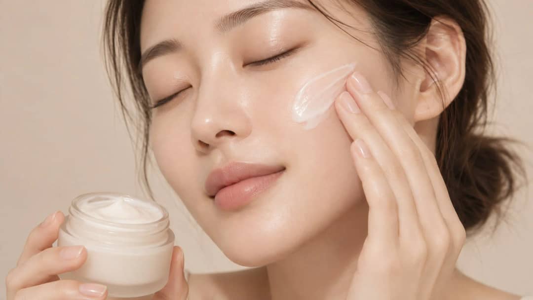 A woman with her eyes closed smoothing cream onto her cheek with her fingertips while holding an open, unlabelled cream jar in her other hand, against a plain warm beige background.