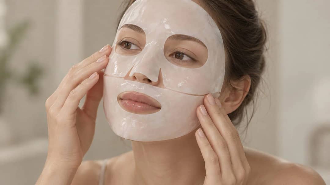 A woman touching a two-piece hydrogel sheet mask on her face with both hands, showing the mask fitted closely to her cheeks and jawline, in soft warm indoor lighting.