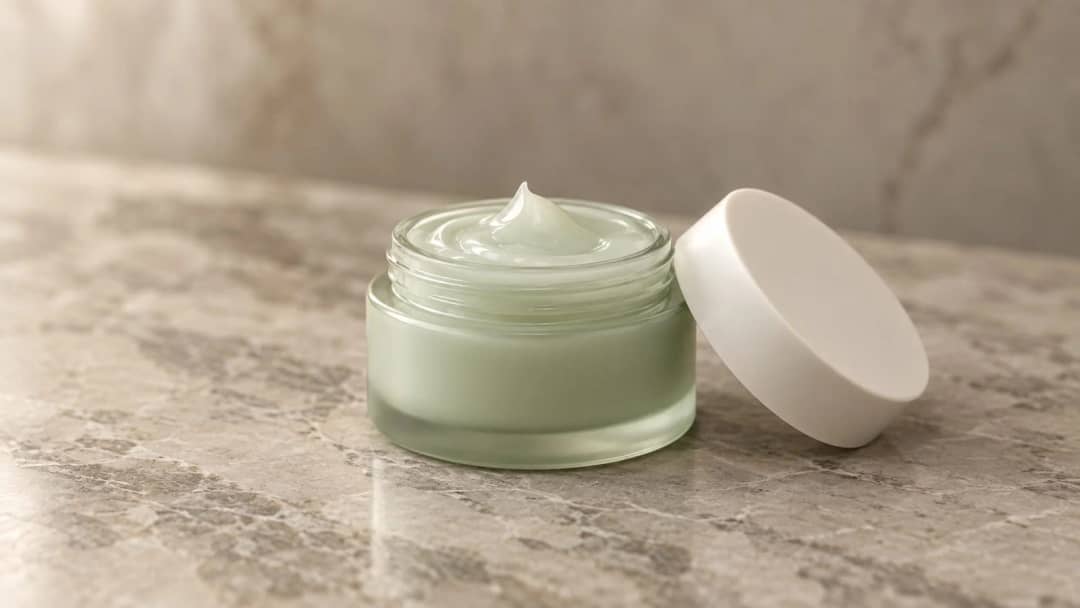 An open mint-green gel-cream sleeping mask jar with its white lid resting beside it on a warm grey marble surface, cream visible at the top of the jar.