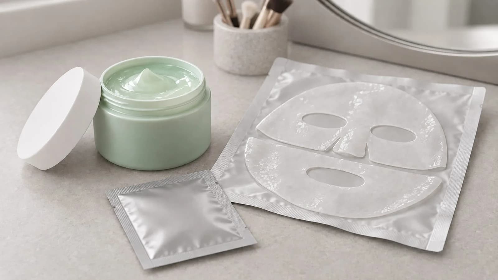 A mint-green gel-cream jar with its lid resting beside it, next to its matching white and mint packaging box, on a warm marble bathroom counter with a small vase and folded towels in soft focus behind them.