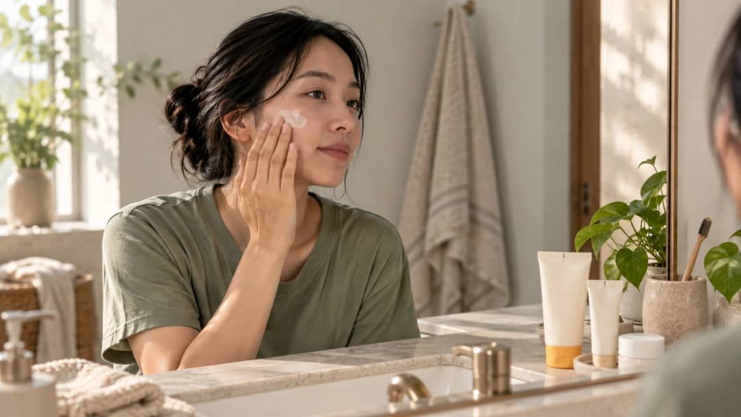 Woman applying Korean sunscreen to her cheek in a bright bathroom with morning light on the wall