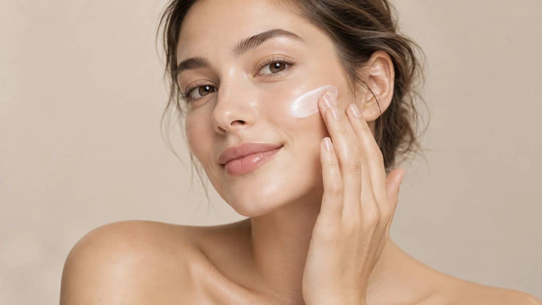 A woman with bare shoulders smoothing a lightweight cream onto her cheek with her fingertips, product visible on her skin, against a plain warm beige background.