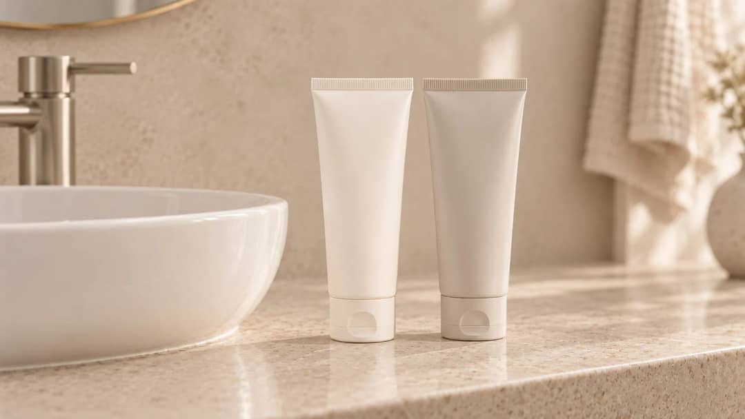 Two matte cream and white sunscreen tubes standing on a warm terrazzo-style bathroom counter beside a round vessel sink, a brushed steel faucet, a waffle-knit towel and a round mirror.