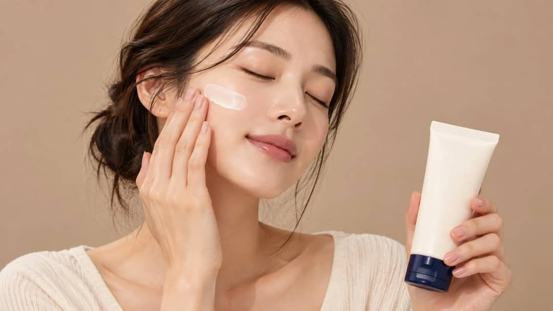 Woman with eyes closed applying sunscreen to her cheek while holding the tube in her other hand