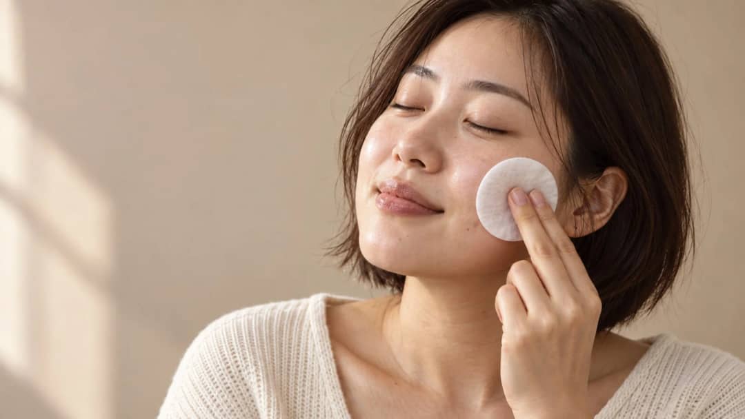 Woman applying a toner-soaked cotton pad to her cheek