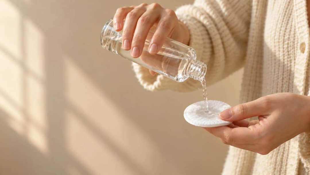 Hands pouring Korean toner onto a cotton pad
