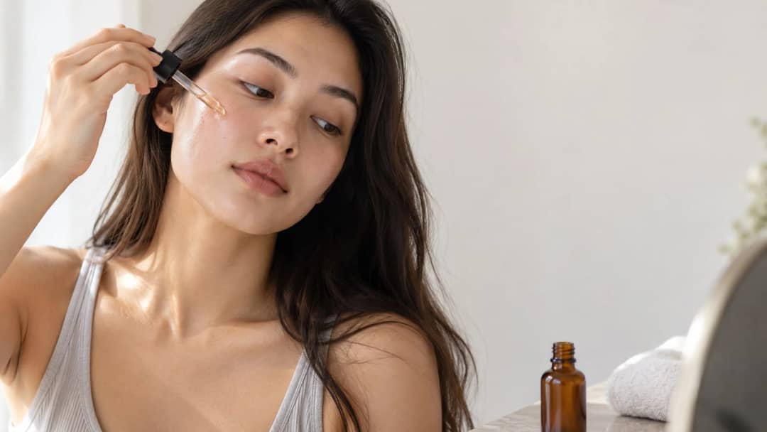 A woman applying vitamin C serum to her cheek with a glass dropper, an unlabelled amber bottle on the counter beside her
