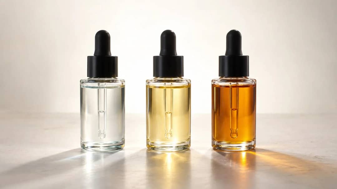 Three identical dropper bottles of vitamin C serum side by side, the liquid ranging from almost clear to pale yellow to deep amber