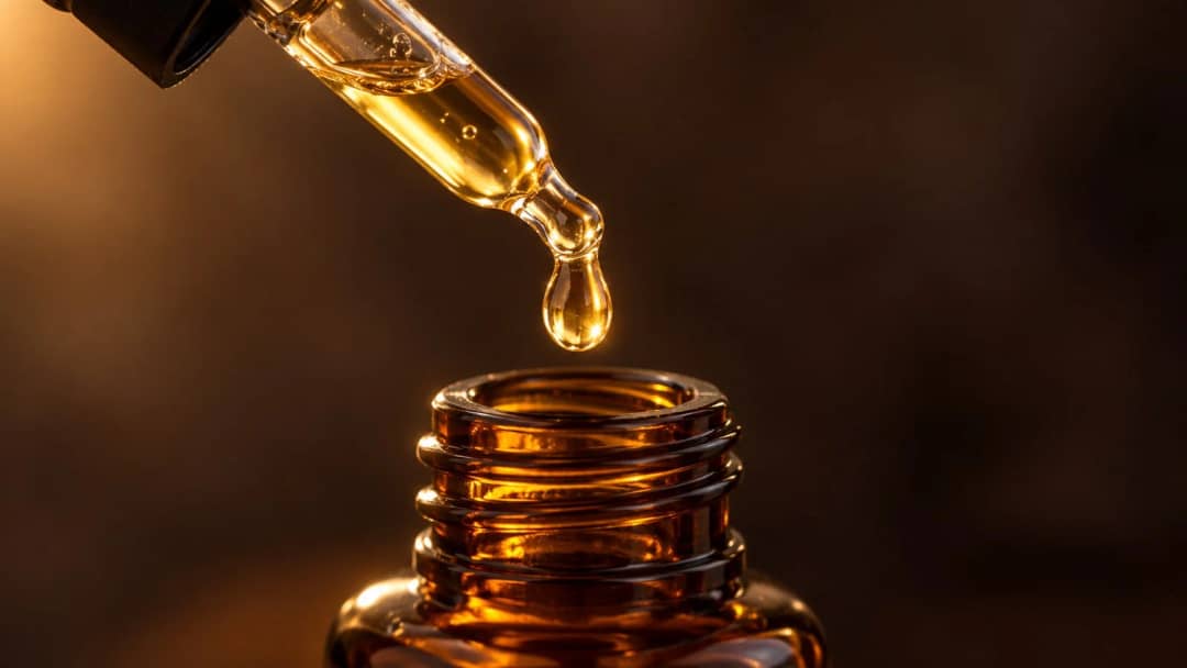 A glass pipette holding pale golden vitamin C serum with a single drop forming at the tip above an open amber bottle