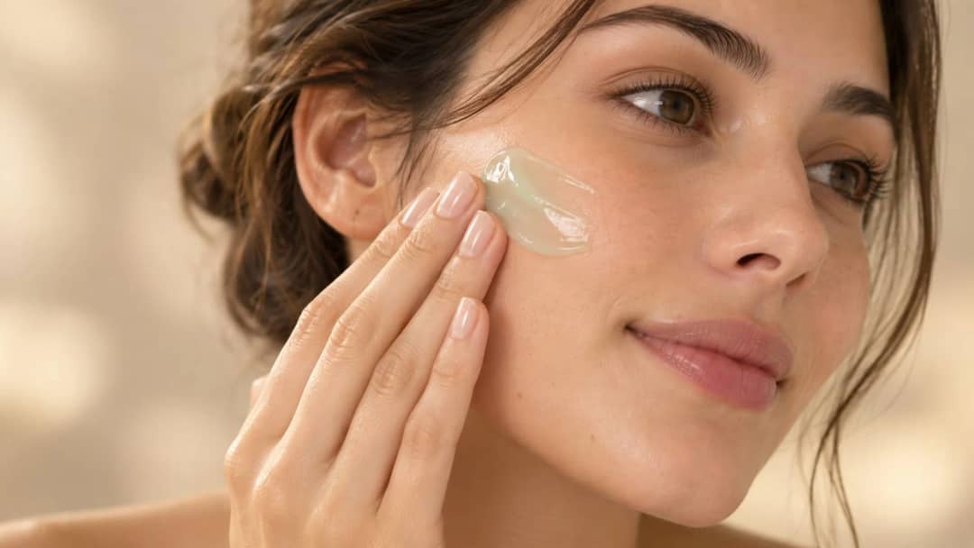 A close-up of a woman applying a small amount of mint-green gel to her cheek with her fingertip, soft warm lighting, no visible room in the background.