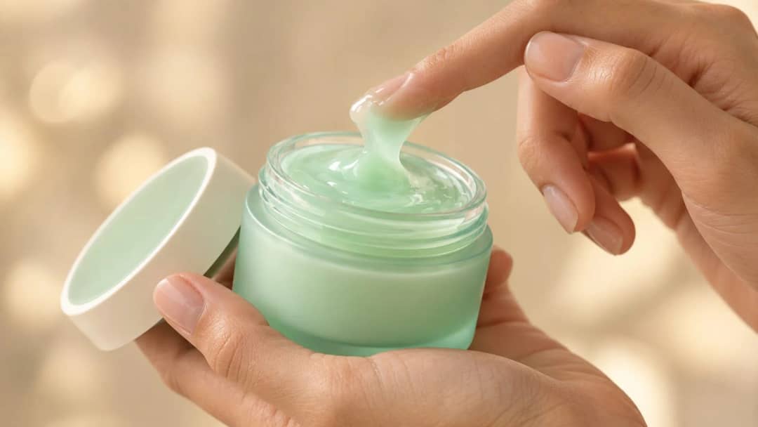 A pair of hands holding an open mint-green gel-cream jar, with a fingertip scooping a small amount of the cream to show its texture, against a soft warm blurred background.