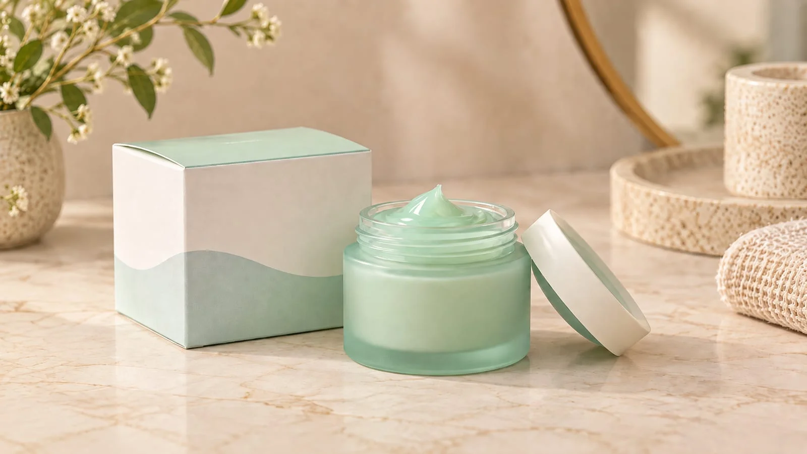 A mint-green gel-cream jar with its lid resting beside it, next to its matching white and mint packaging box, on a warm marble bathroom counter with a small vase and folded towels in soft focus behind them.
