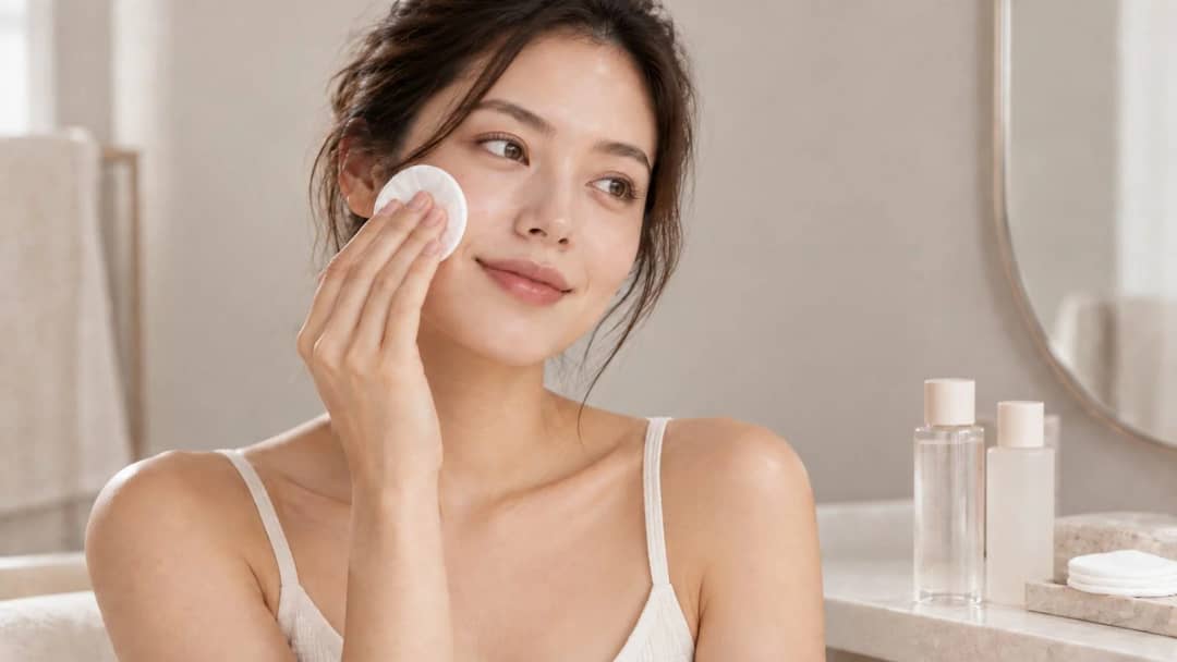 A woman sweeping a cotton pad across her cheek with a clear toner bottle and a frosted essence bottle on the counter beside her.
