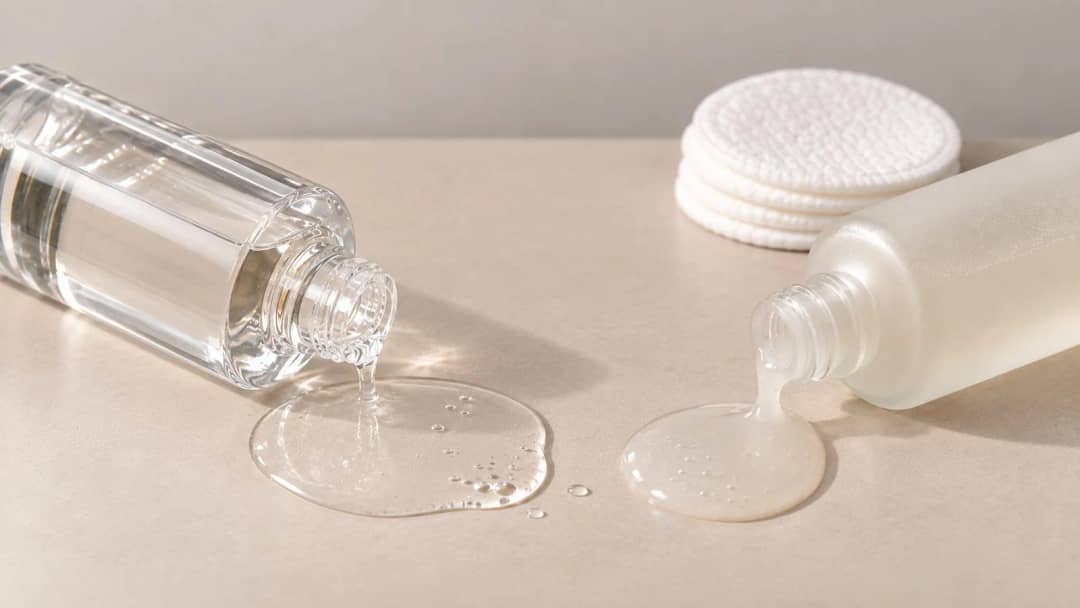 A clear toner poured onto a counter spreading into a thin flat pool beside a thicker essence poured next to it holding a raised bead, with cotton pads and both bottles in frame.