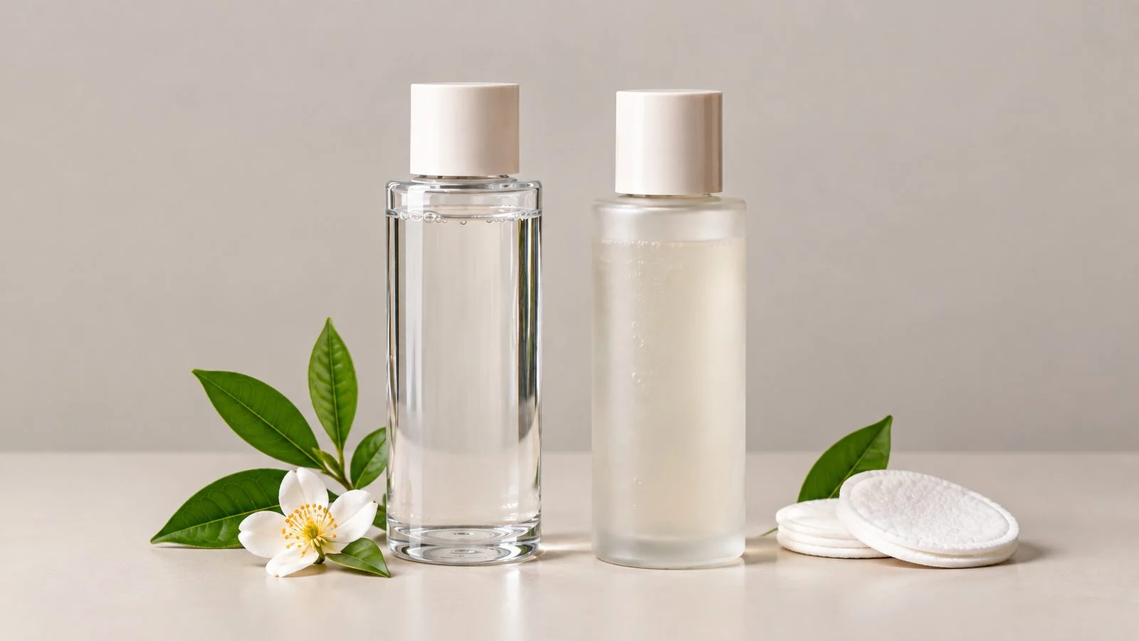 A clear bottle of thin liquid beside a frosted bottle of thicker liquid on a neutral background, with cotton pads, showing the texture difference a label does not describe.