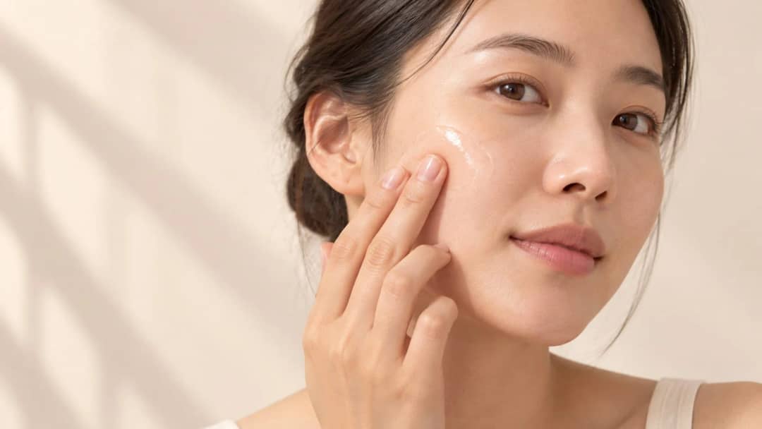 Woman pressing a clear gel serum into her cheek with two fingers