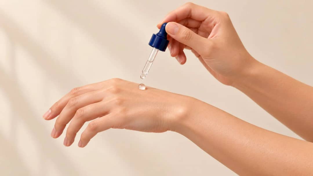 Hand holding a glass dropper above a drop of clear gel serum on the back of a hand