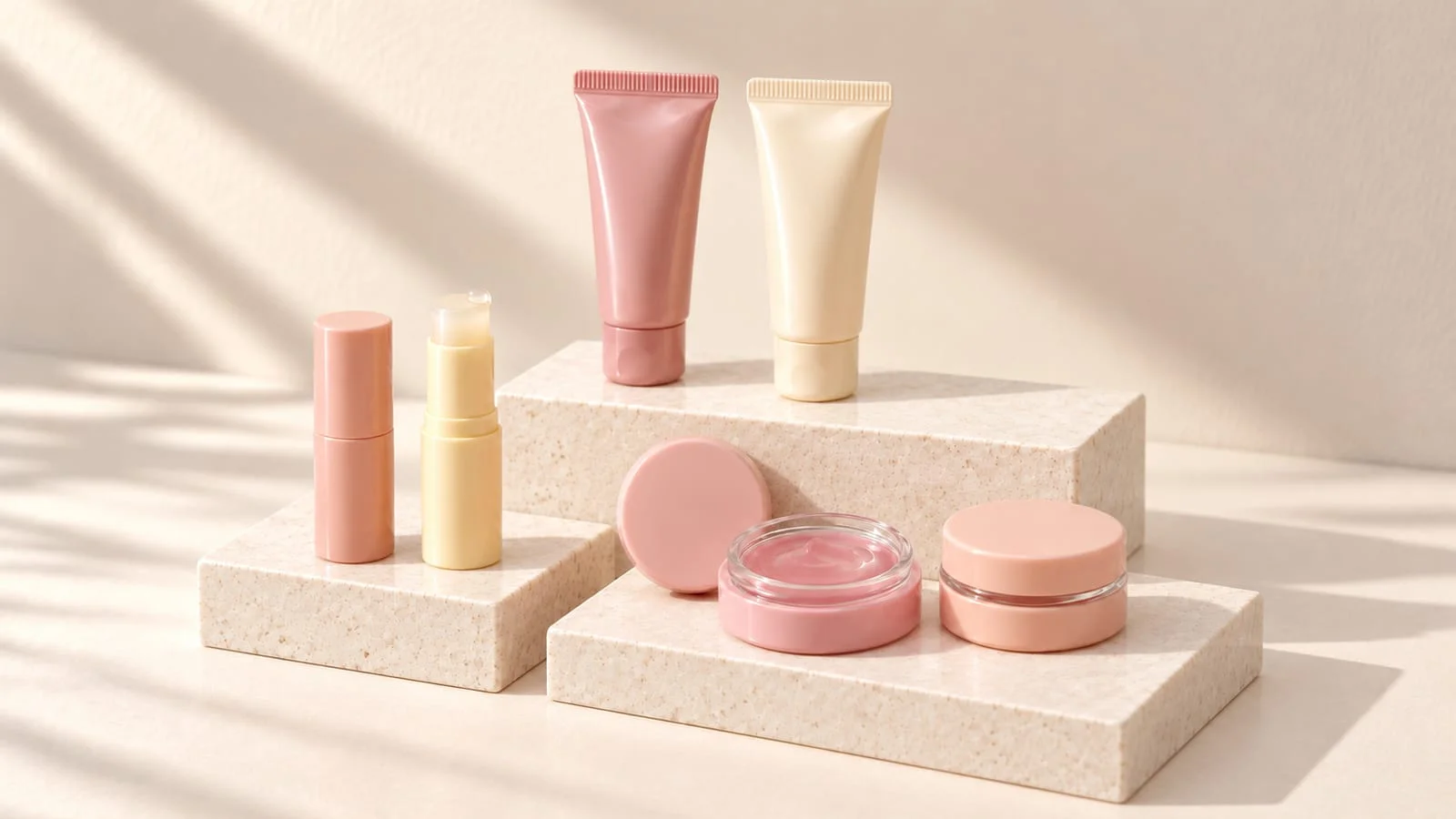 Pastel lip balm sticks, tubes and jars on beige stone pedestals, one stick open