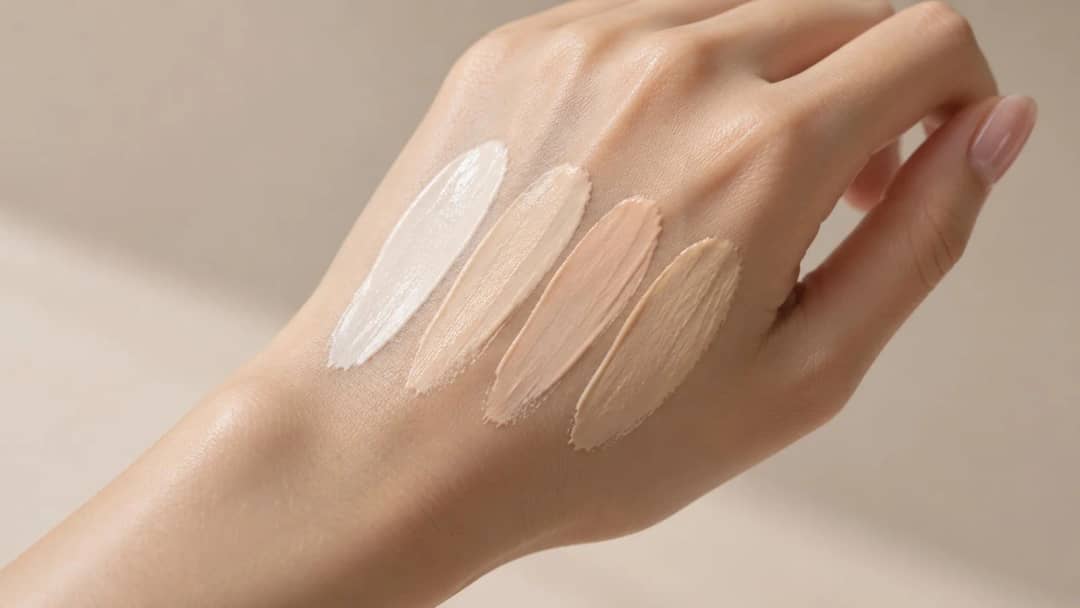 Four sunscreen texture swatches of varying shades on the back of a hand