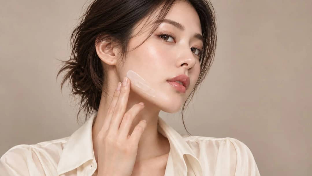 Woman in a cream blouse applying a visible swipe of moisturizer to her cheek