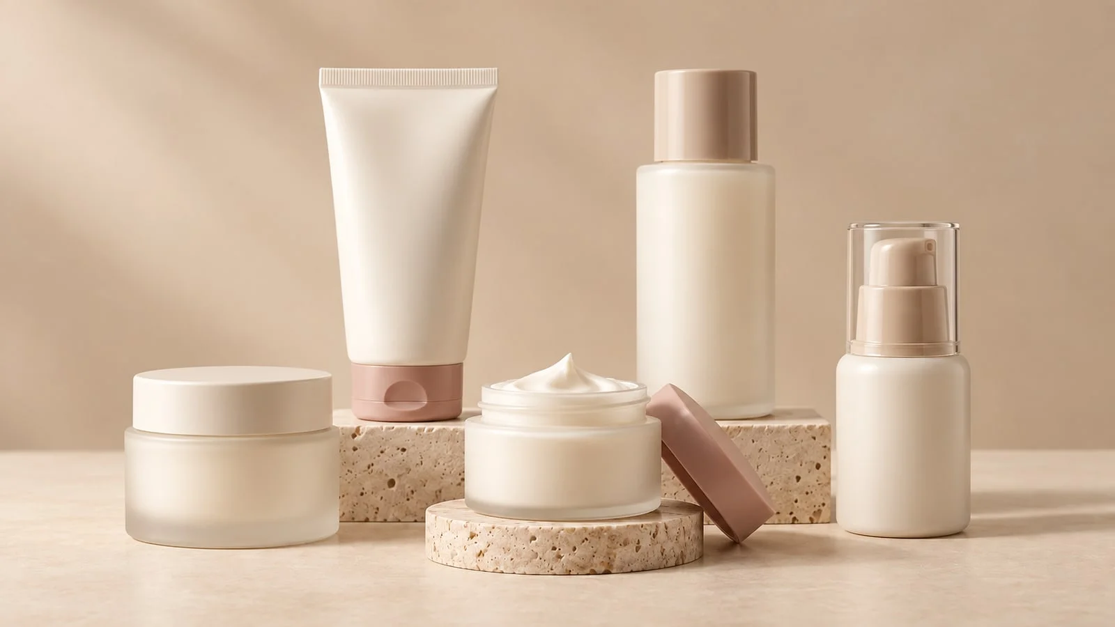 Five moisturizer containers, tubes, a jar and a pump bottle, in cream and dusty rose packaging on stone risers