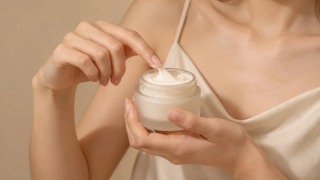 Hand scooping a thick, whipped moisturizer from a frosted glass jar