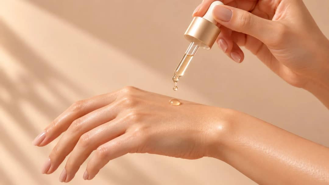Dropper placing a drop of golden serum on the back of a hand