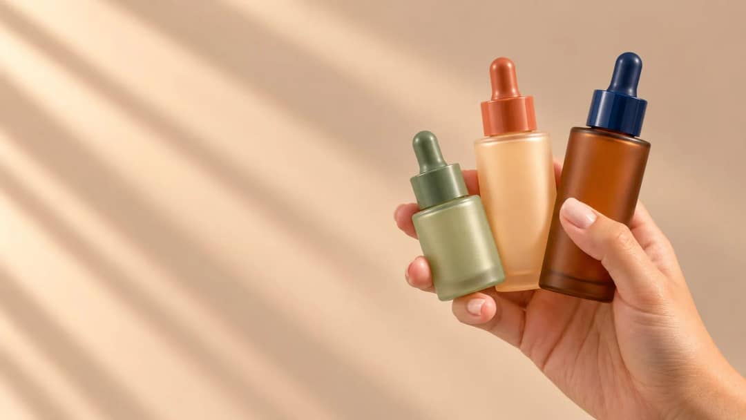 Hand holding three small frosted dropper serum bottles in sage, peach and amber