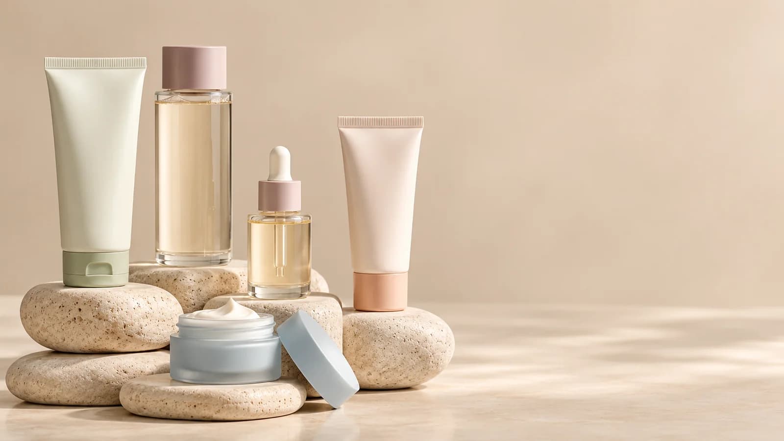 Five skincare products staged on smooth river pebbles against a warm terracotta background, including an open cream jar