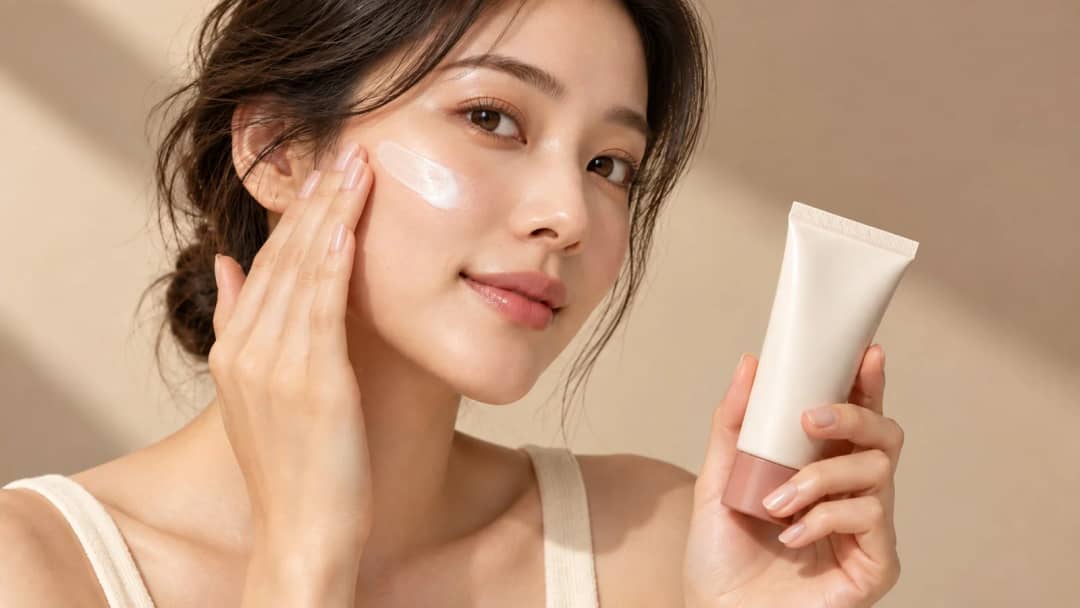 Woman applying a visible swipe of tinted sunscreen to her cheek while holding the tube