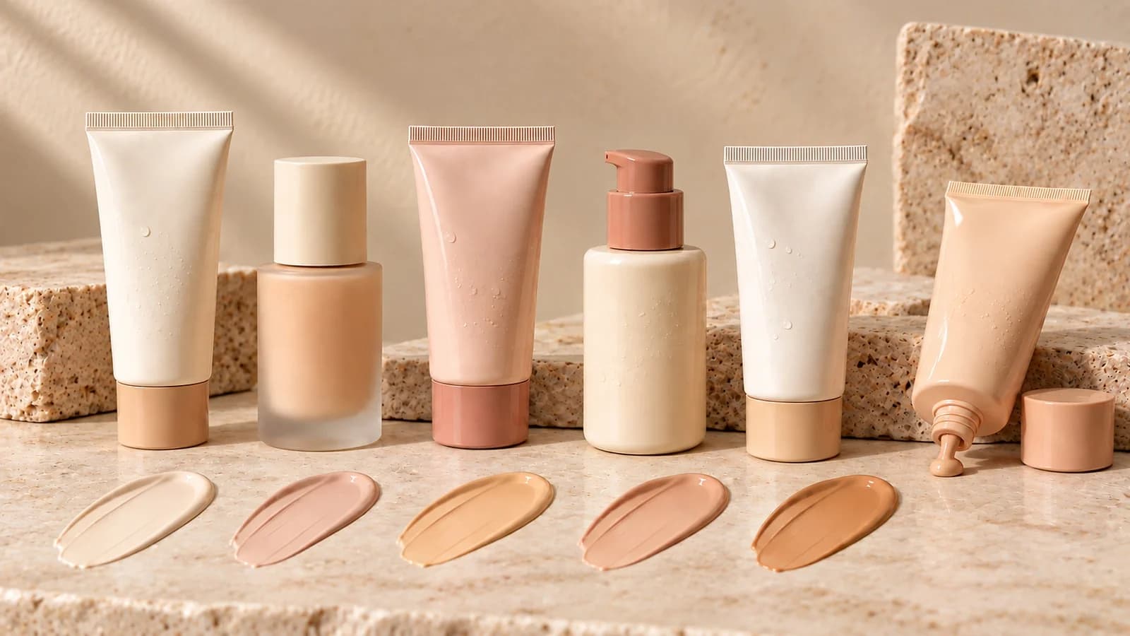 Six tinted sunscreen tubes in pink and coral tones with water droplets on stone steps, shade swatches below