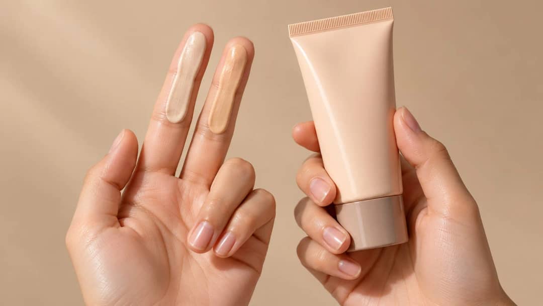 Two different shade swatches on fingers beside a hand holding a tinted sunscreen tube