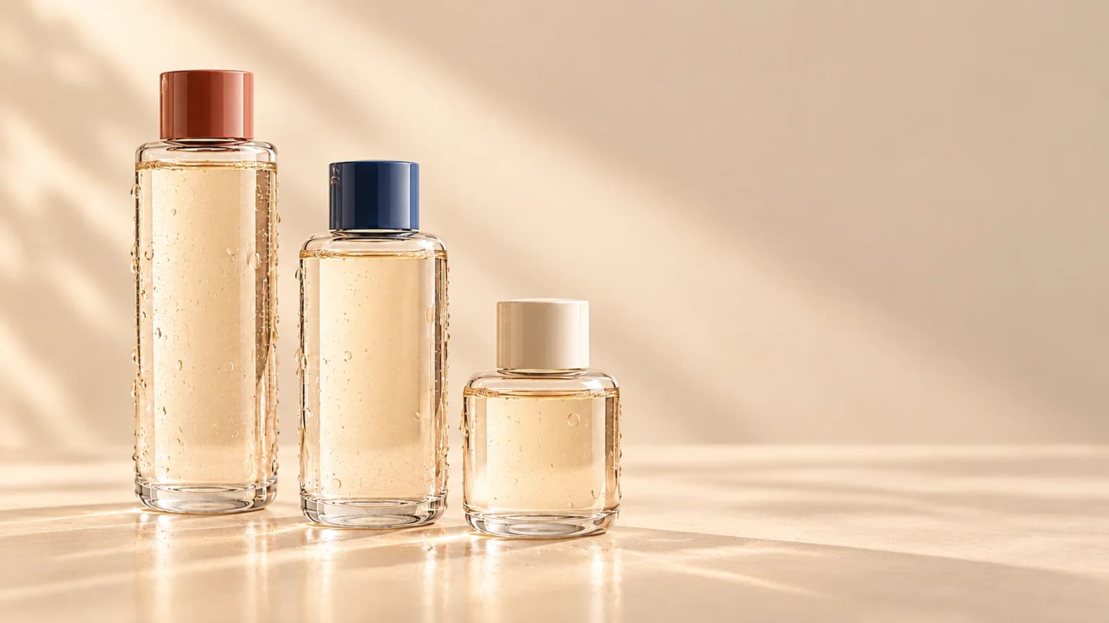 Three Korean toner bottles with terracotta, navy and cream caps staged on a warm beige background