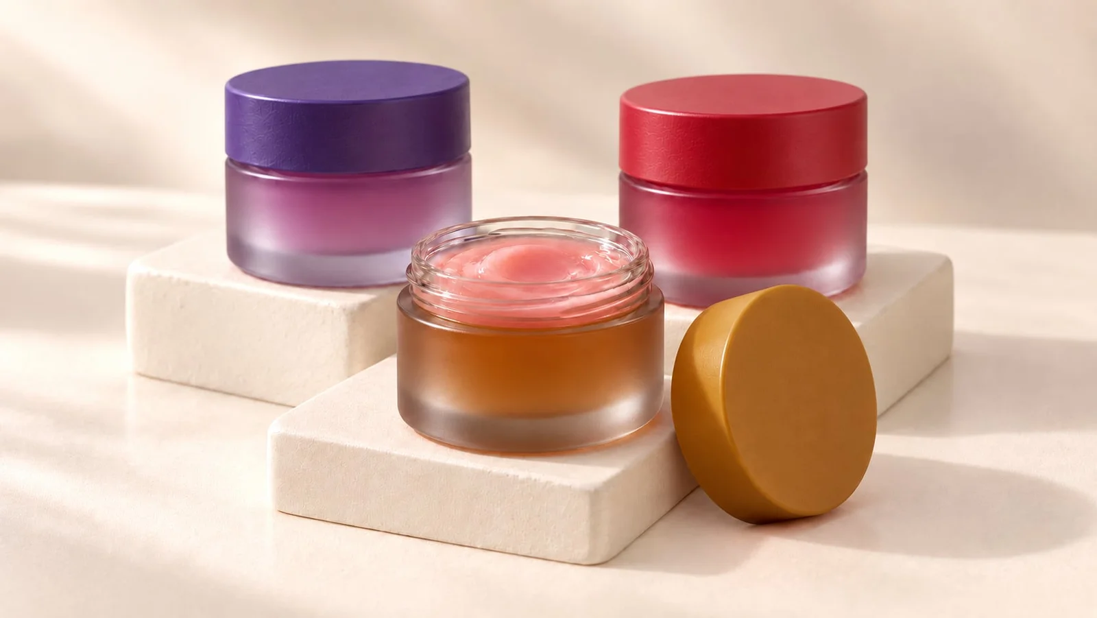 Three frosted glass lip mask jars with purple and red lids, one open showing glossy pink balm, on cream stone blocks