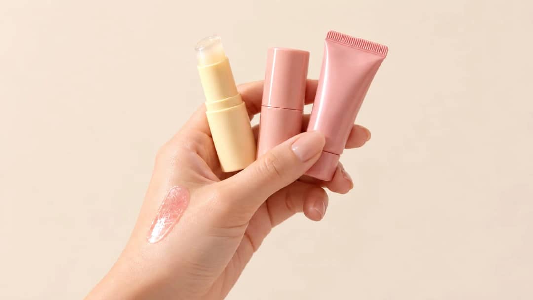 Hand holding lip balm sticks and a tube with a clear balm swatch on the back of the hand