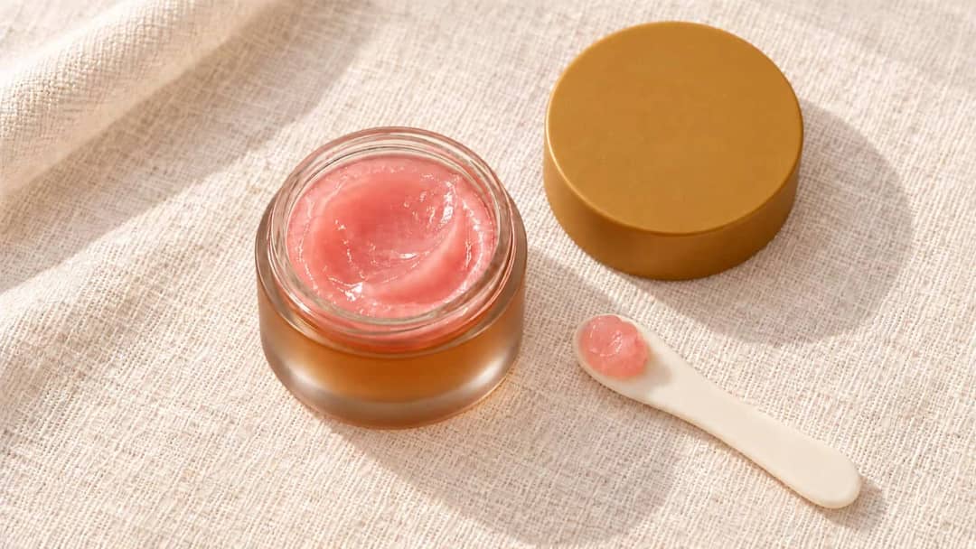 Open amber frosted glass lip mask jar with glossy pink balm, a small spatula holding a dab, and a gold lid on cream linen