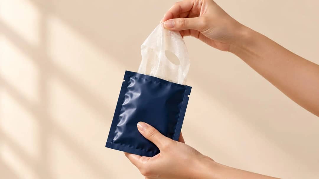Hands pulling a cotton sheet mask out of a blank navy foil sachet