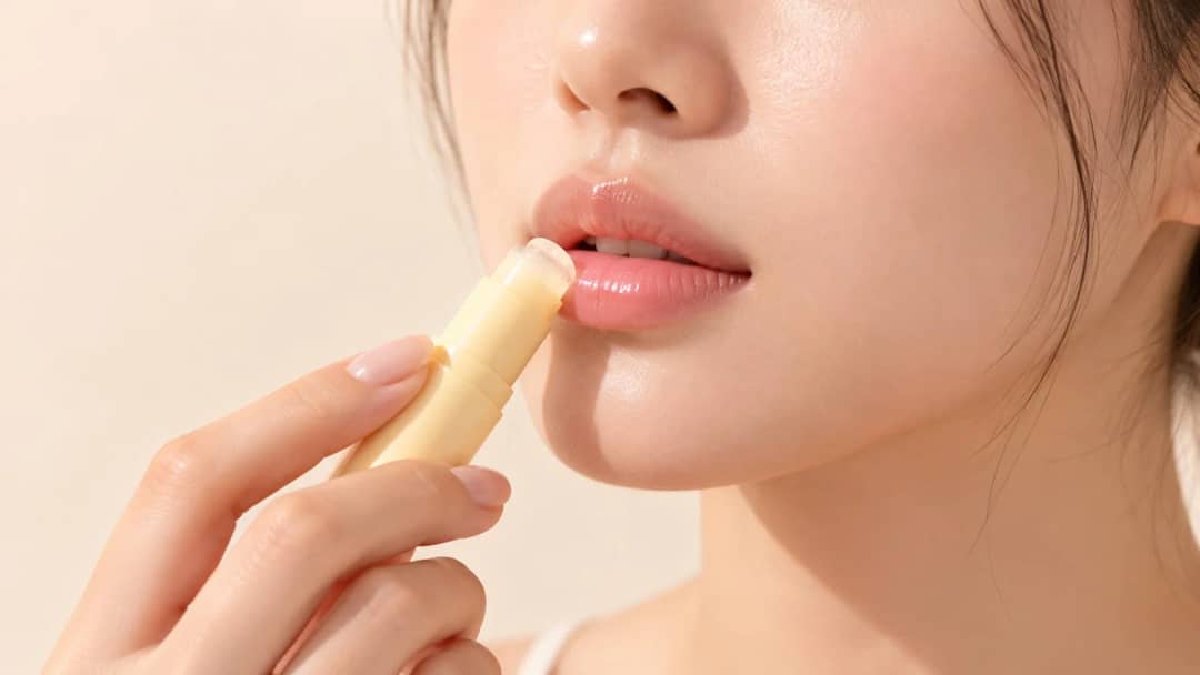 Woman applying a clear lip balm stick to her lips, close-up