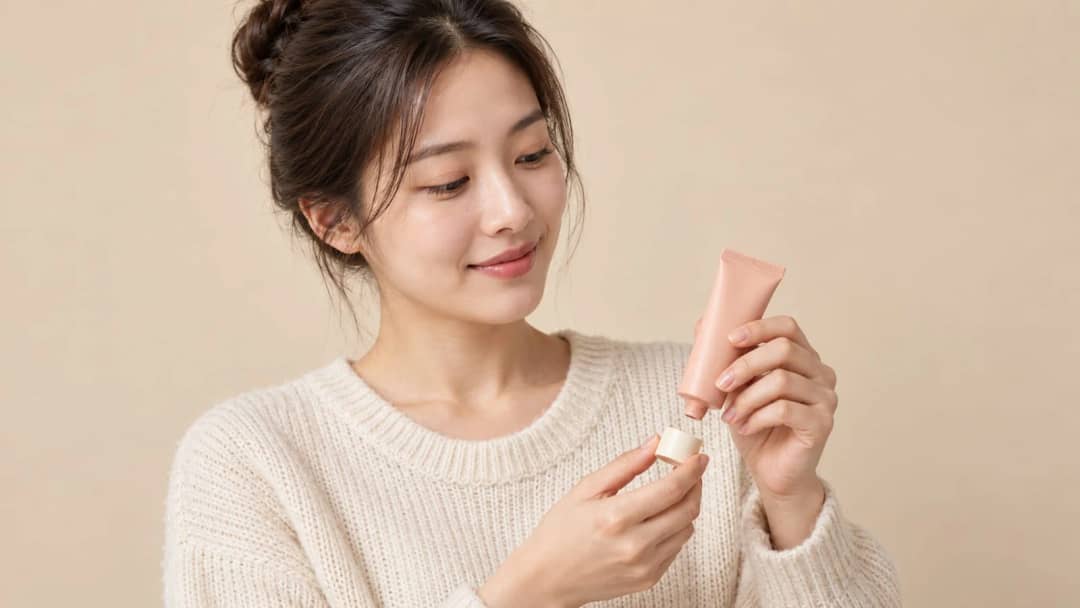 Woman in a cream knit sweater opening a pastel peach cream tube and looking at it