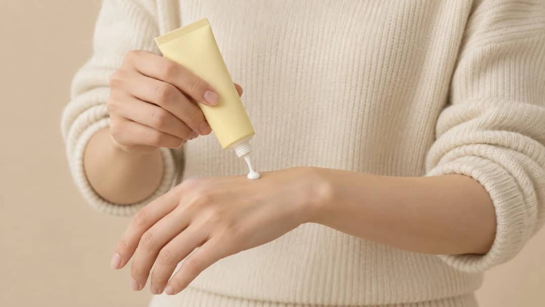 Woman squeezing a bead of white hand cream from a pastel yellow tube onto the back of her hand