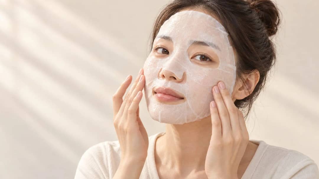 Woman wearing a white sheet mask with both hands resting lightly on her cheeks